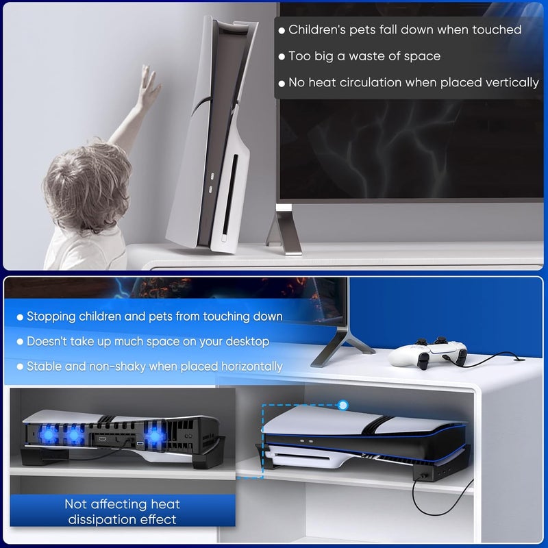 FASTSNAIL Horizontal Stand & Cooling Fan for PS5 Pro/Slim Console, Auto Fan Speed by Temperature and Controller Charger Station, Efficient Cooling System with 3 Fans & 2 USB 3.0 and 3 USB 2.0 Hub - Image 4